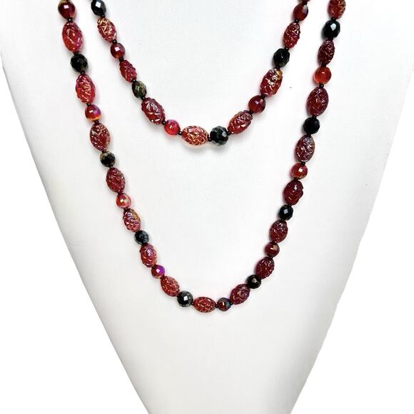 Beaded Necklaces Pair Molded Plastic Translucent Red Shimmer AB Shades Gold Tone - Picture 2 of 11
